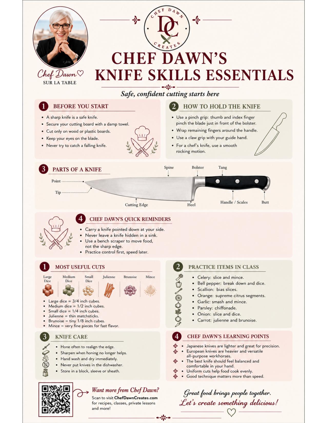 Chef Dawn's one-page Knife Skills Essentials guide — tap to view full size