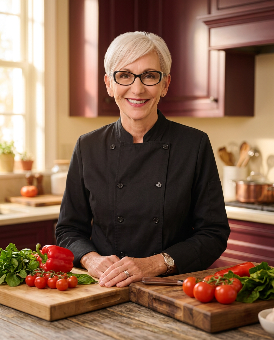 Chef Dawn smiling in a warm home kitchen behind a board of fresh vegetables