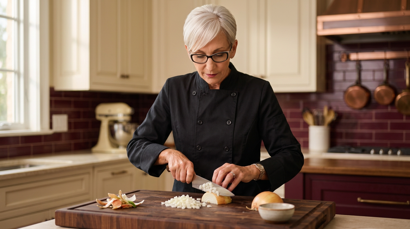 Chef's hands using the claw technique to dice an onion on a walnut cutting board