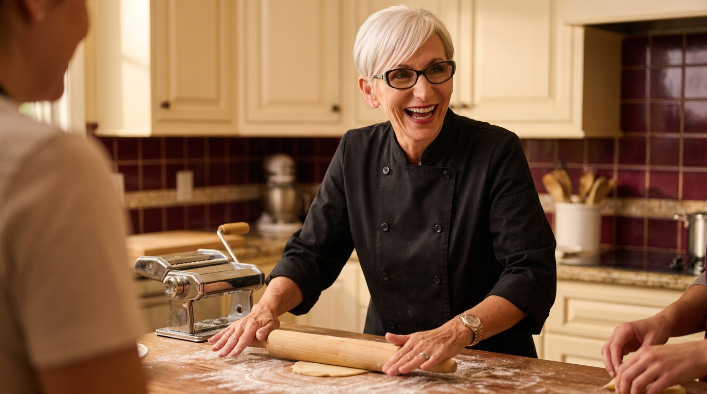 Hands rolling fresh pasta dough on a flour-dusted wooden counter